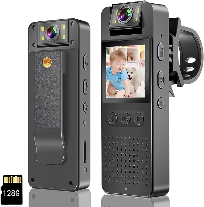 Body Camera with 1080P HD Recording1.4 in Screen Recorder Built-in 128GB Card with Night Vision lighting 7HR Battery Wearable Police Cam ,Body Cam for outdoor sports/Pet Records/Security/Work Records