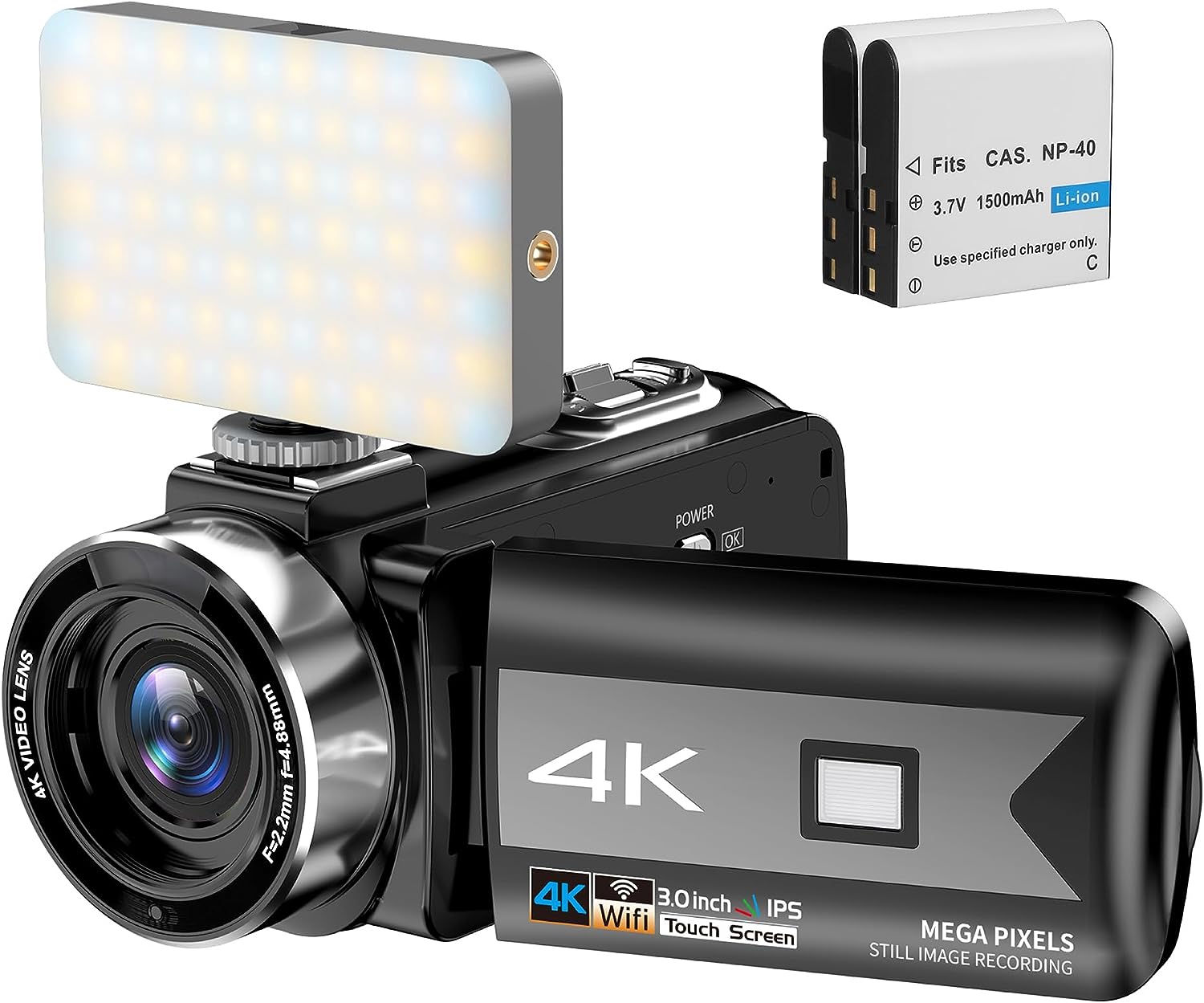 4K Video Camera Camcorder, 56MP Vlogging Camera with WiFi, 270° Rotation Touchscreen Camera with IR Night Vision 16X Digital Zoom Youtube Camera with Tri-color Fill light, Remote Control, 2 Batteries