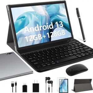 Oangcc Android 13 Tablet 10 Inch 𝟐𝟎𝟐𝟑 𝐋𝐚𝐭𝐞𝐬𝐭 with 12GB(6+6 Expand)+128GB Keyboard Mouse Stylus WiFi Bluetooth GPS 512GB Expand Support, Dual Camera Computer Tablets with Case - Gray