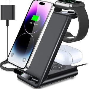 Wireless Charging Station,3 in 1 Wireless Charging Stand Made for Apple Watch Ultra 8 7 6 SE 5 4 3,Fast Wireless Charger Made for iPhone 14/14 Plus/14 Pro Max/13/12/11/X/8,AirPods Pro 2 (Black